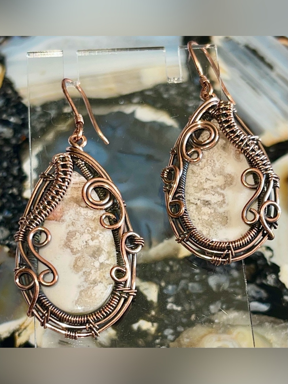 Copper Wire-wrapped Crazy Lace Agate Earrings 2 1/4” - Picture 12 of 17